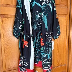Zara Black Floral Trench Coat with Teal & Red Accents
